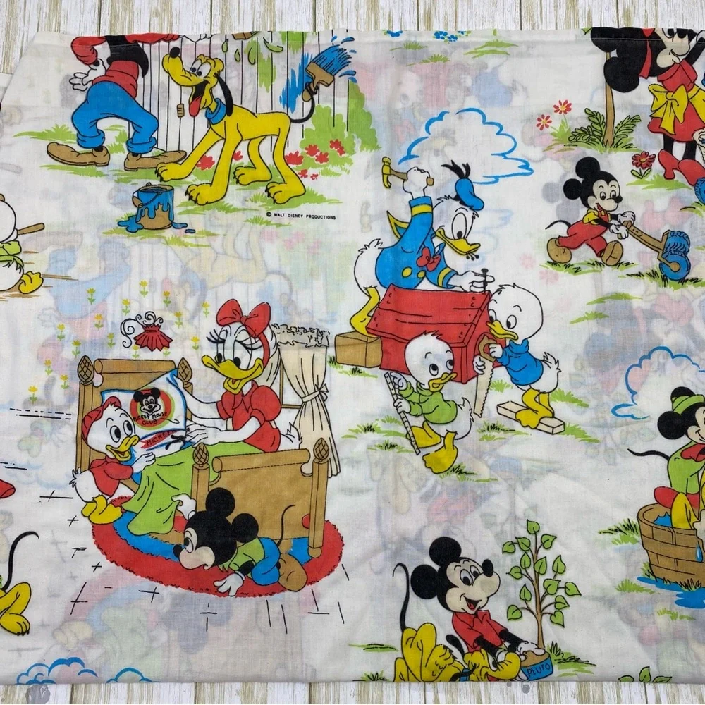 Vintage Walt Disney Productions 1960s Mickey and Friends Doing Chores Flat Sheet